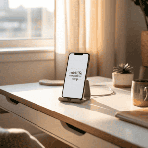 Smartphone on desk displaying Midlife Essentials Shop logo, cozy workspace for midlife women wellness.