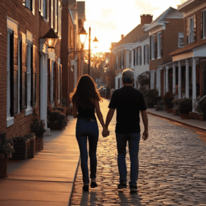 Romantic couple holding hands during sunset walk in charming neighborhood.