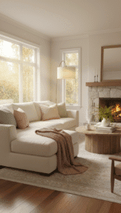 Bright, airy living room with a cozy fireplace and elegant decor, perfect for midlife relaxation.