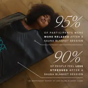 Relaxed woman on foam mat with sauna blanket, highlighting stress relief and relaxation benefits.