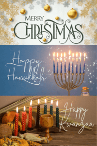 Festive Christmas image with ornaments and snowfall.