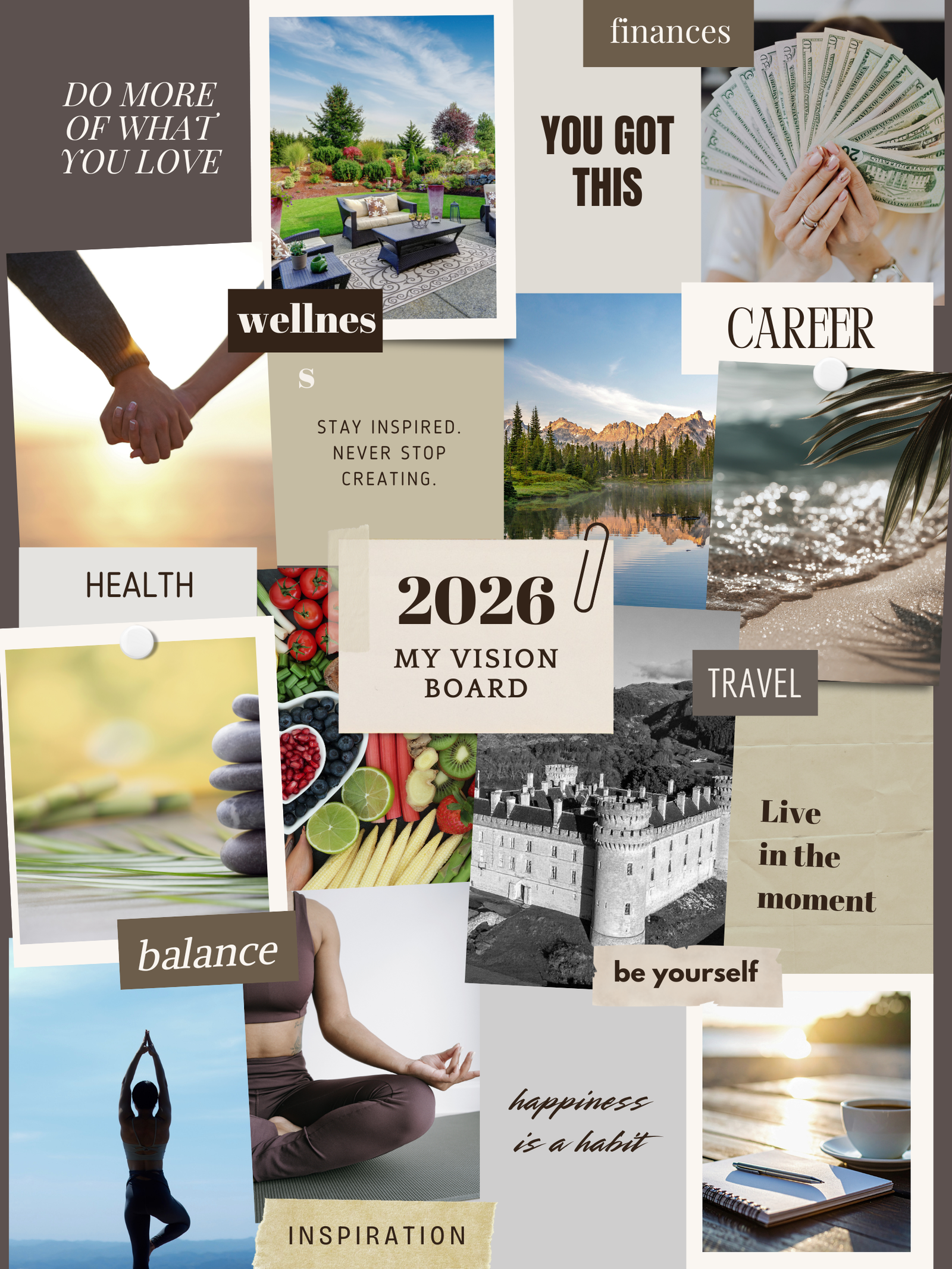 Vision board with goal setting images and motivational quotes