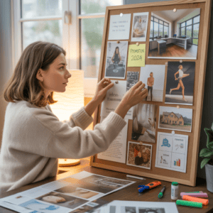 2. Woman planning goals on corkboard for midlife success with images and notes.