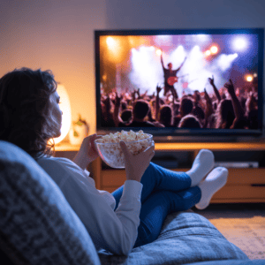 Woman watching concert on TV with popcorn at home, cozy and relaxing entertainment setup.
