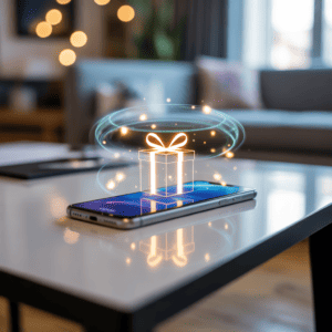 A digital gift appearing over a smartphone, representing thoughtful, clutter-free Christmas presents for minimalists.