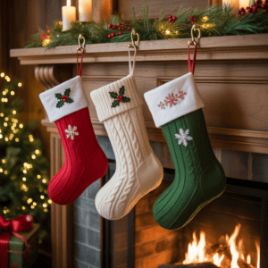 Festive Christmas stockings hanging above a cozy fire, decorated for holiday celebrations. Perfect for Christmas gift-giving and holiday cheer.