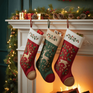 Christmas stockings with reindeer and holiday embroidery for women’s holiday decor.