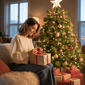 A woman enjoying wrapping a holiday gift next to a beautifully decorated Christmas tree, capturing festive Christmas gift inspiration for women.