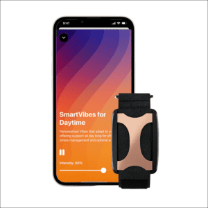 SmartVibes app with stress management wristband for midlife health and wellness.
