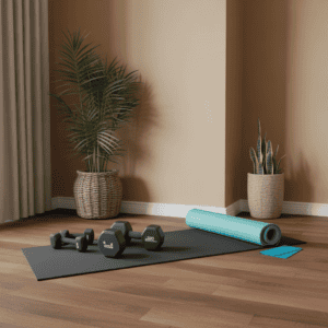 Elegant indoor home workout setup with yoga mat, dumbbells, and plants. Ideal for midlife women seeking wellness and balance.