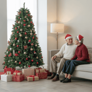 Festive couple with Christmas tree and wrapped gifts, celebrating a clutter-free holiday.