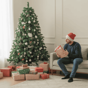 Festive Christmas scene with a man in a Santa hat opening a gift near decorated tree, capturing holiday spirit and gift-giving joy.