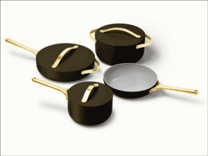 Luxury black and gold pots and pans for modern home and lifestyle use.