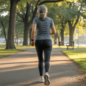 Healthy woman walking in park for fitness and aging gracefully.