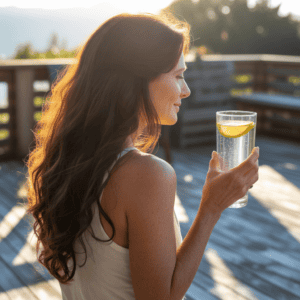 Woman enjoying a morning lemon water outside for a healthy start.