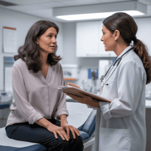 A caring doctor discusses menopause symptoms and solutions with a middle-aged woman in a medical setting.
