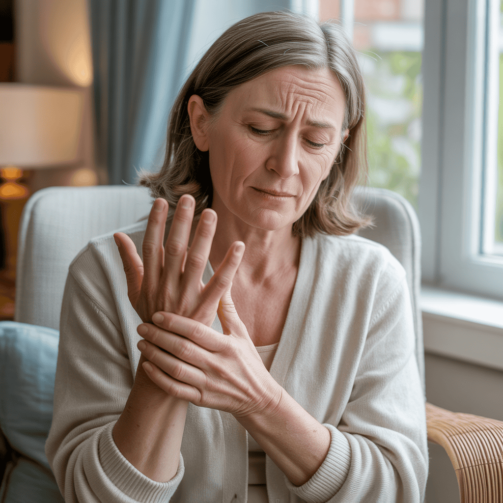 Middle-aged woman experiencing joint pain and discomfort at home.