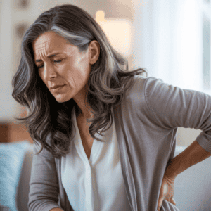 Alt text: Woman experiencing back pain holding her lower back in discomfort.