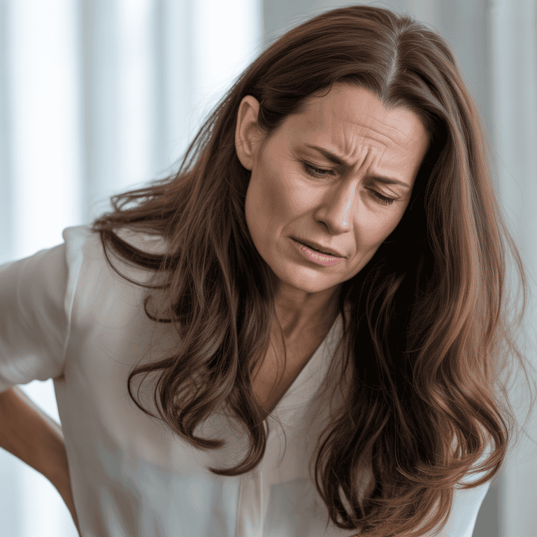 Painful expression of middle-aged woman with backache, menopause, or health issues.