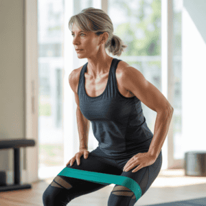 Midlife woman workout for women over 50, no gym needed, promoting health & fitness.