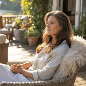 Relaxing middle-aged woman on sunny patio, embracing peacefulness during menopause journey.