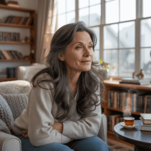 Retired woman reflecting peacefully, embracing the emotional journey of post-work life in cozy home setting.
