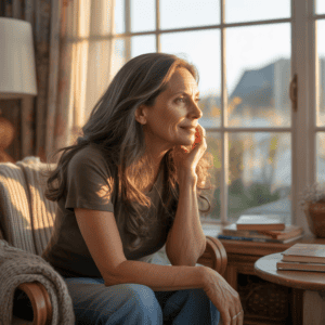 A serene image of a mature woman sitting by the window, reflecting on her emotional journey through retirement and newfound freedom.