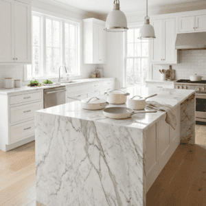 Bright, airy kitchen with marble countertops, modern white cabinetry, and large windows for a welcoming atmosphere.