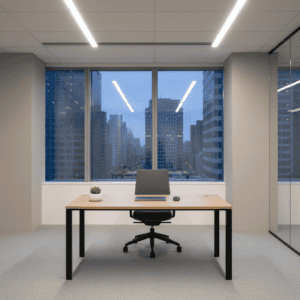 Empty modern office overlooking city skyline, symbolizing change and new beginnings.