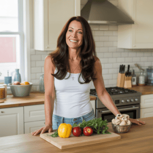 midlife woman standing by a plate of healthy fiber rich foods