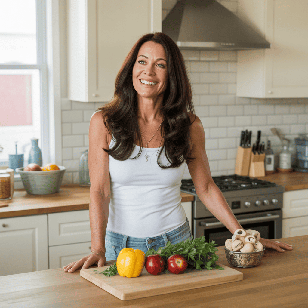 midlife woman standing by a plate of healthy fiber rich foods