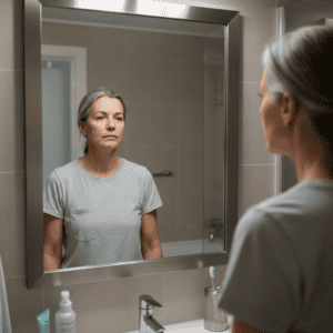 Midlife woman standing in front of her mirror looking at her reflection