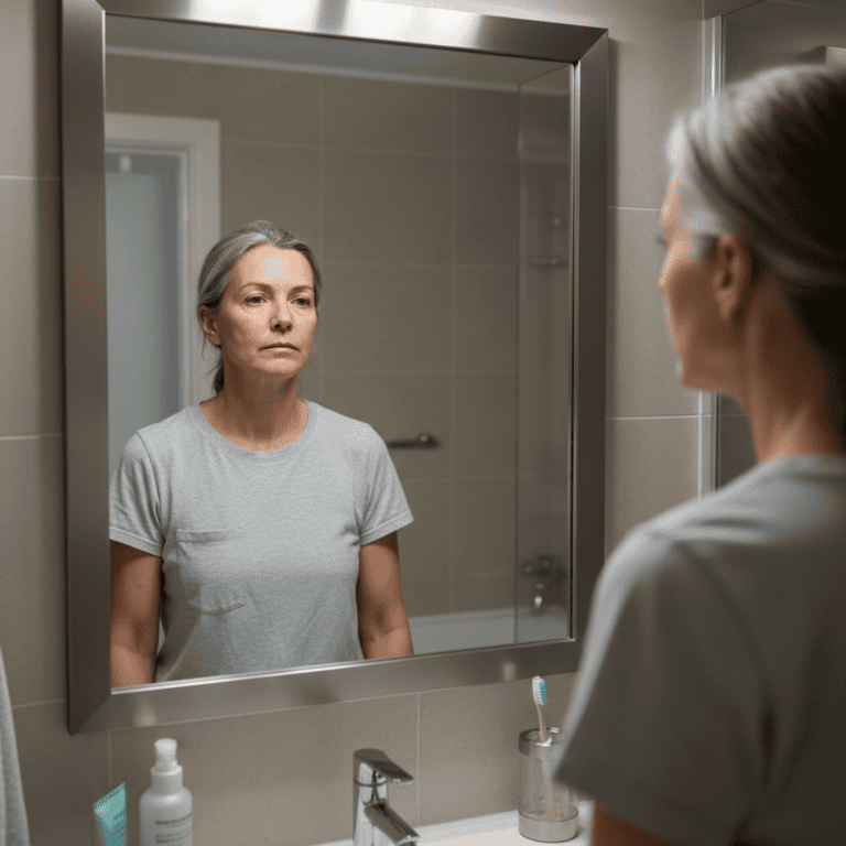 Midlife woman standing in front of her mirror looking at her reflection