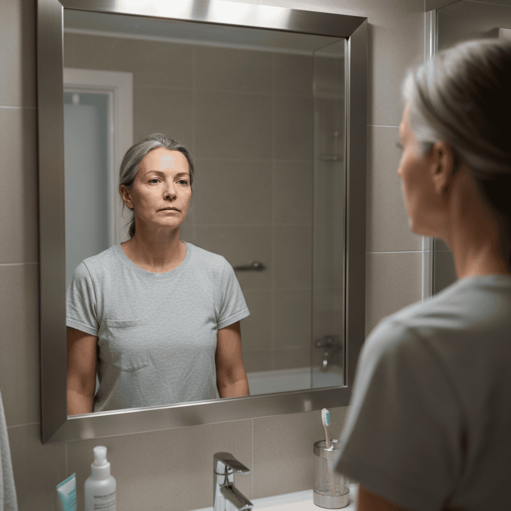 Midlife woman standing in front of her mirror looking at her reflection