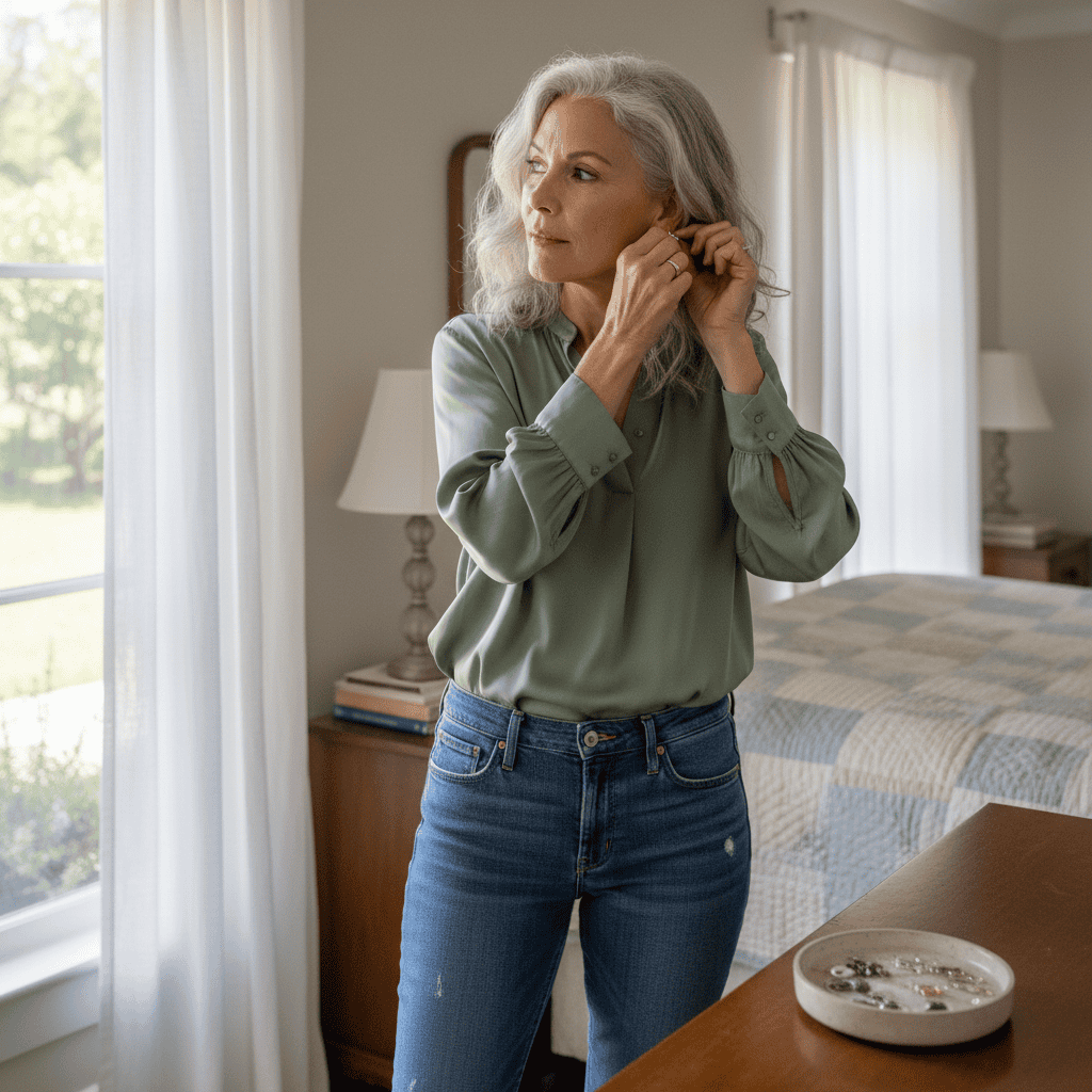 Midlife woman standing in her bedroom putting on her earrings