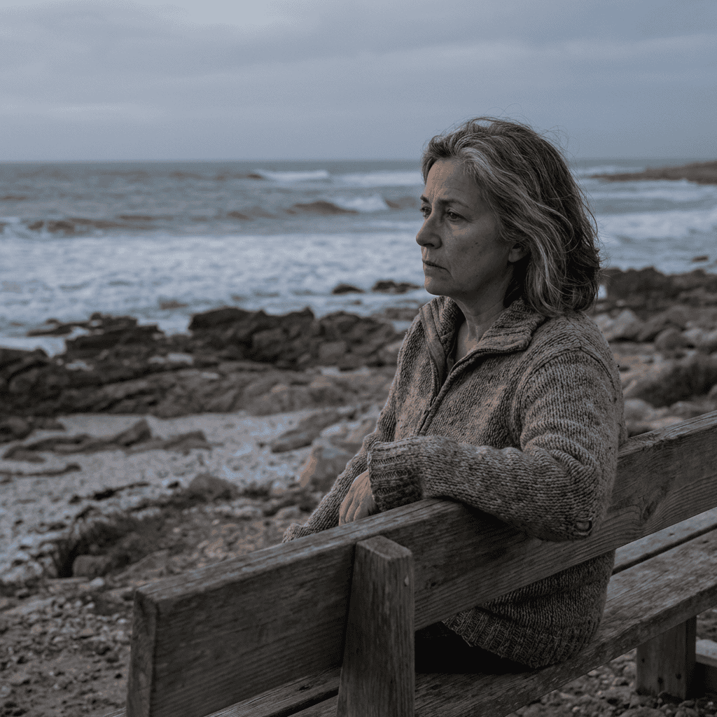 Thoughtful woman sitting alone on a bench by the ocean, contemplating loneliness in midlife.
