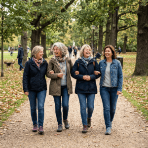 Women enjoying a walk together in a park during autumn, smiling and chatting.